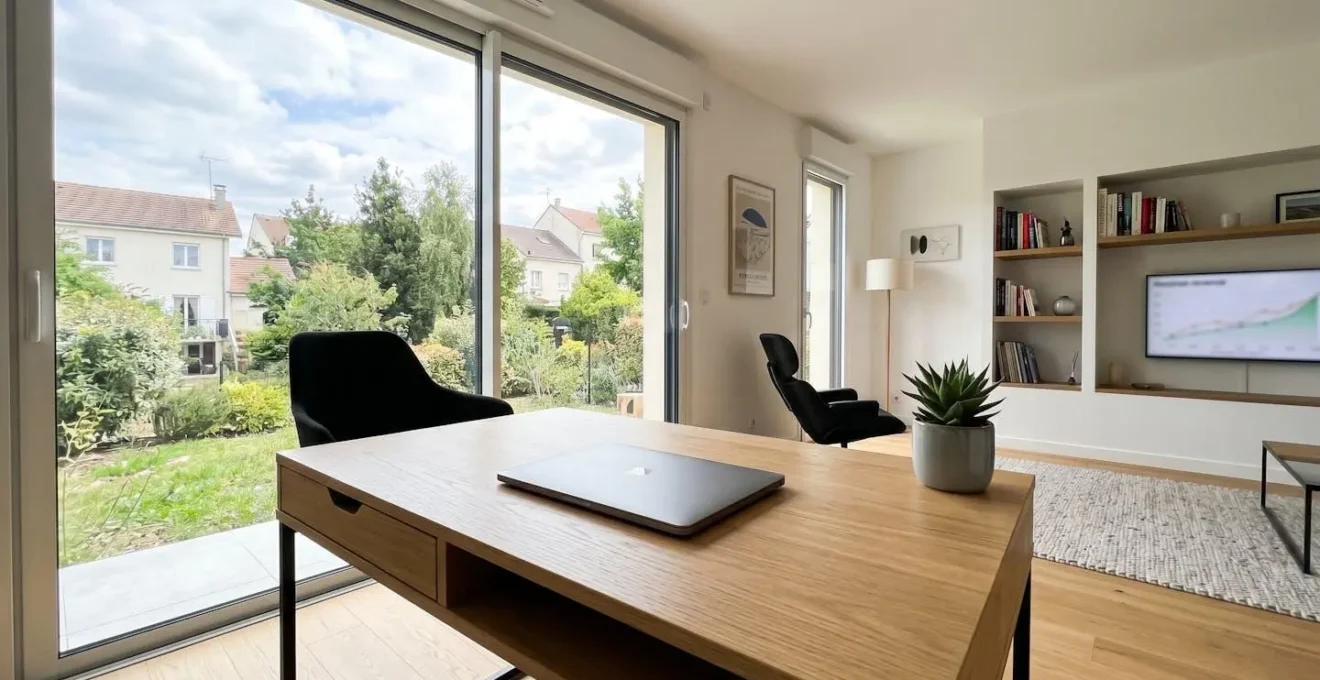 Vue grand angle sur bureau moderne lumineux avec écran affichant graphique d'évolution de revenus flouté et grande fenêtre diffusant lumière naturelle abondante