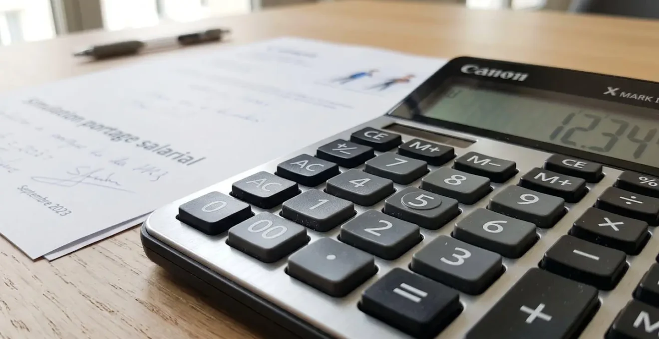 Gros plan serré sur une calculatrice contemporaine posée sur un bureau épuré avec document portant mention simulation portage floutée en arrière-plan