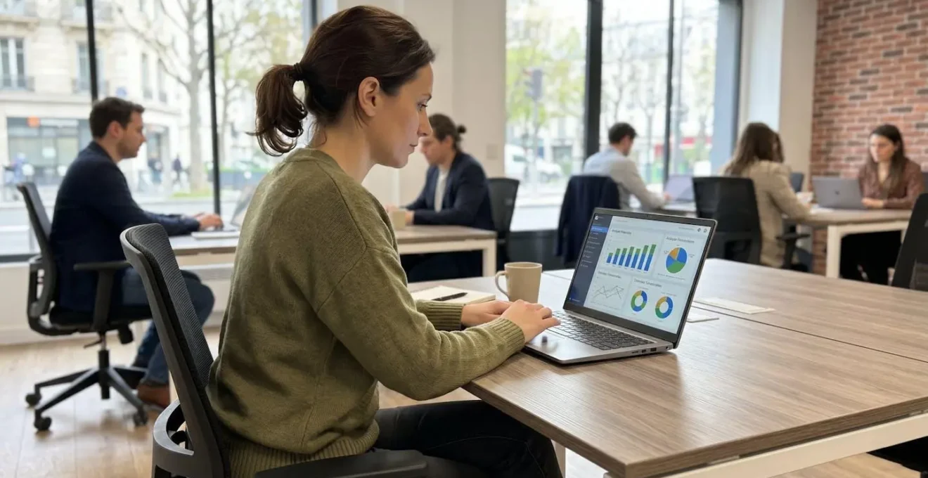 Consultant freelance travaillant sur ordinateur portable vu de profil dans un espace de coworking lumineux avec grande baie vitrée