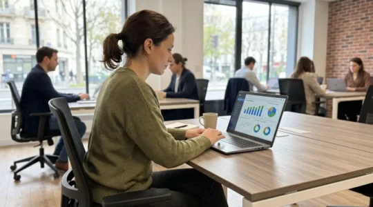 Consultant freelance travaillant sur ordinateur portable vu de profil dans un espace de coworking lumineux avec grande baie vitrée
