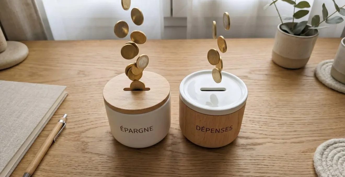 Deux tirelires distinctes, l'une en bois clair marquée 'Pro', l'autre en blanc marquée 'Perso', posées sur un bureau en chêne.