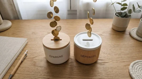 Deux tirelires distinctes, l'une en bois clair marquée 'Pro', l'autre en blanc marquée 'Perso', posées sur un bureau en chêne.