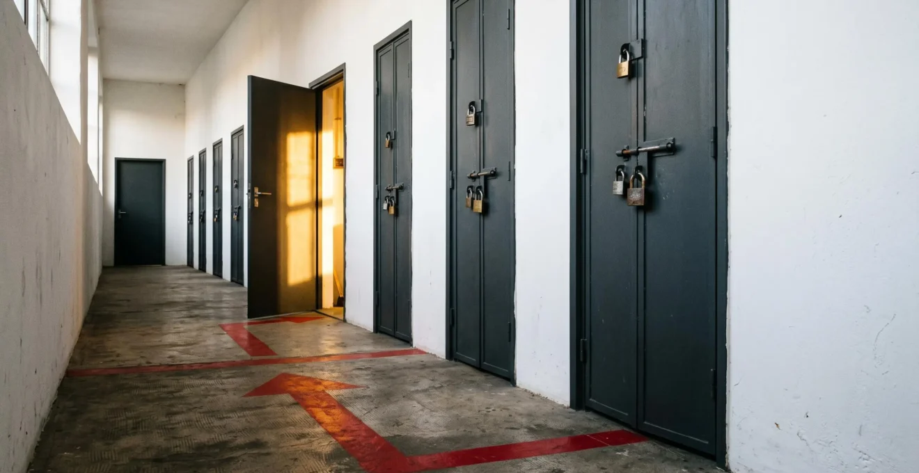 Couloir minimaliste avec portes alignées dont certaines fermées par des cadenas et un chemin fléché au sol indiquant le parcours optimal