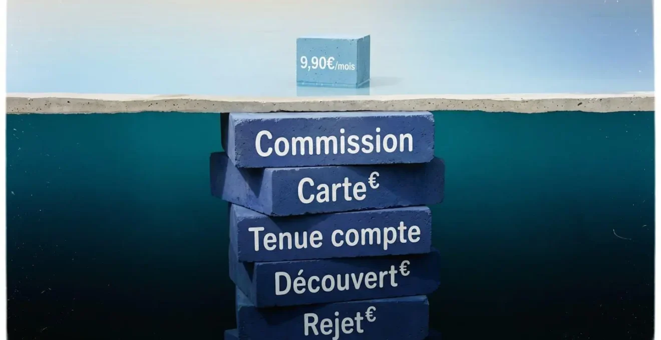 Illustration iceberg avec petit bloc 9,90€ en surface et structure plus volumineuse immergée composée de 5 blocs de frais bancaires