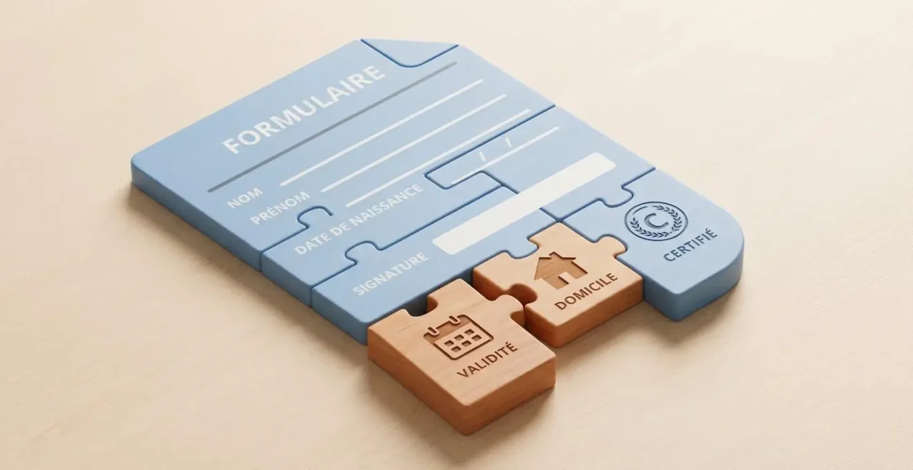Puzzle 3D isométrique d'un document administratif avec trois pièces manquantes portant des icônes calendrier, maison et tampon