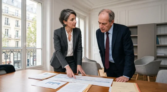 Une avocate en tailleur sombre explique un calendrier de procédure à un dirigeant d'entreprise dans un bureau lumineux.