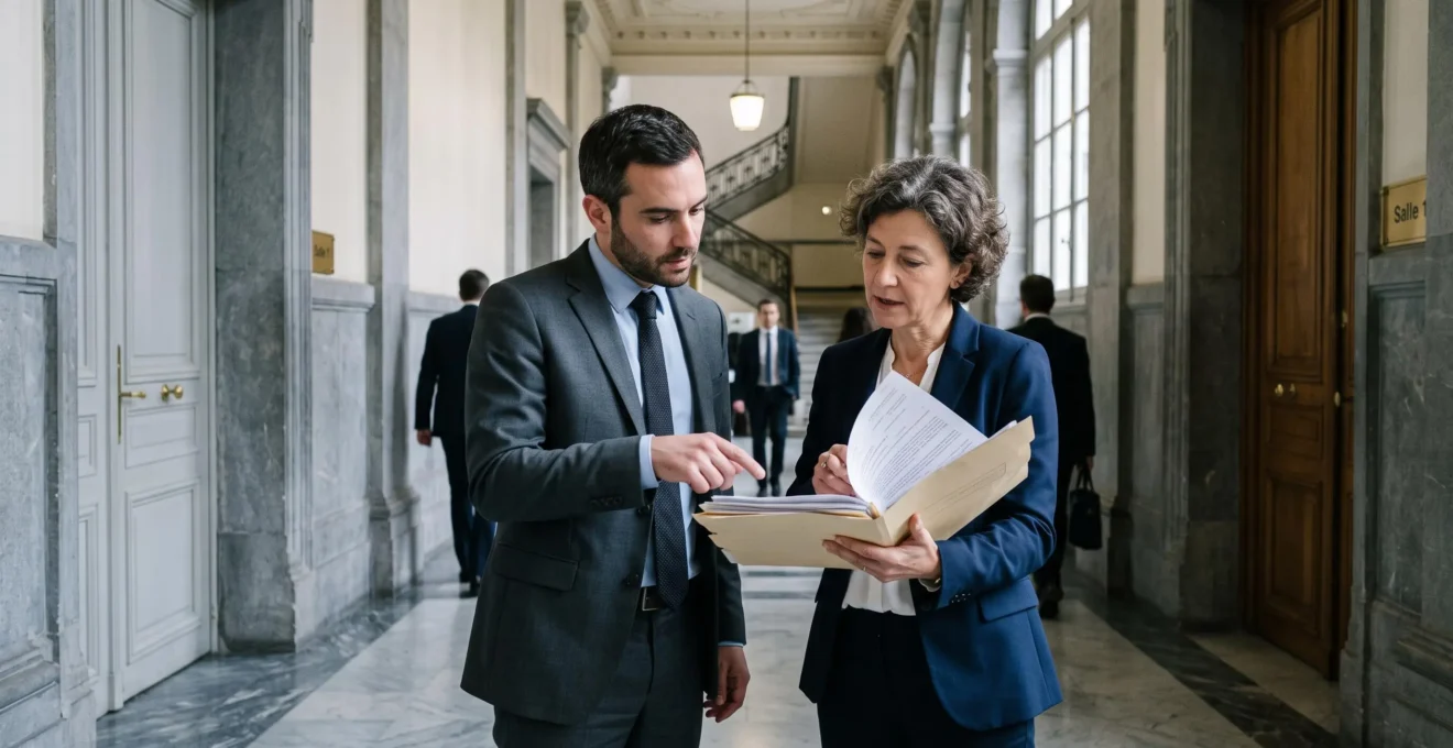Deux avocats discutent d'un dossier dans le couloir d'un tribunal de commerce en France.
