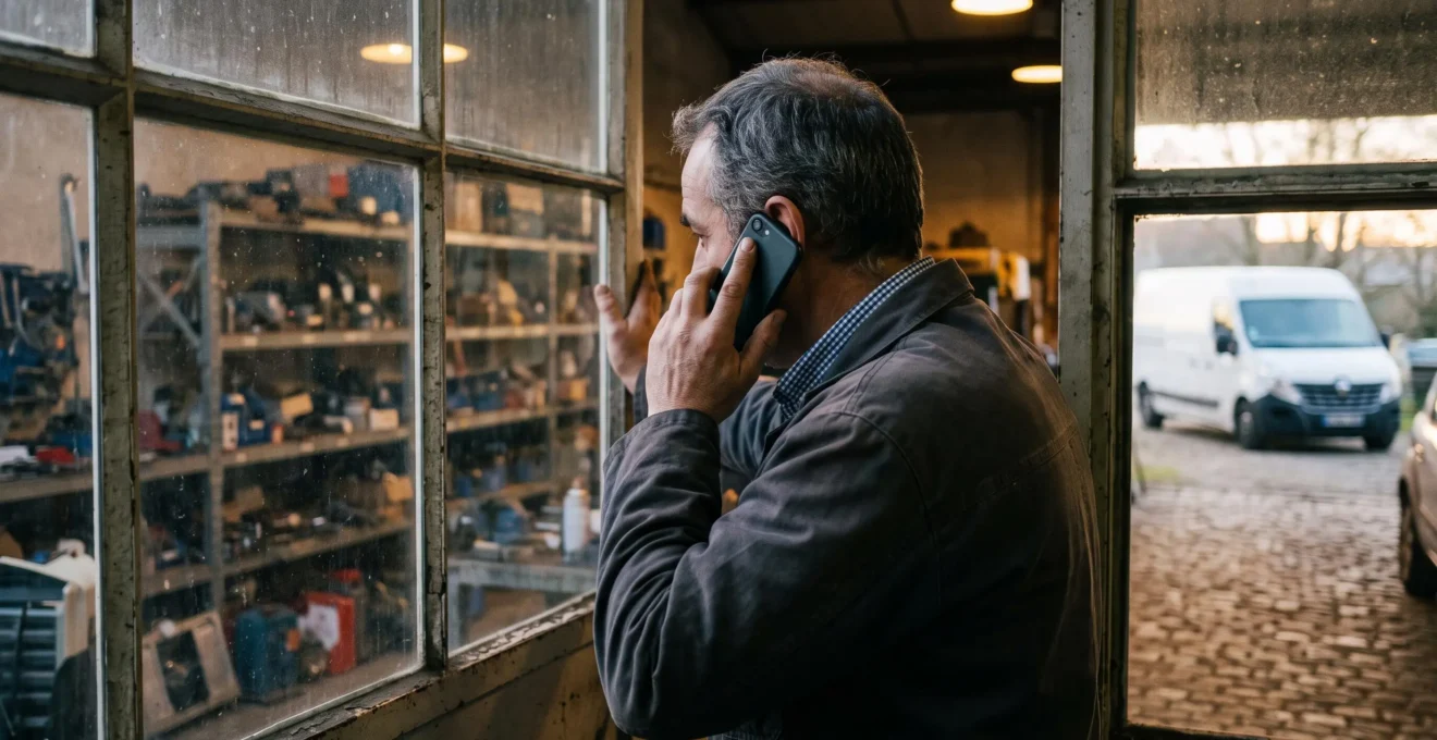Un dirigeant d'entreprise téléphone debout à la fenêtre de son atelier en fin de journée.