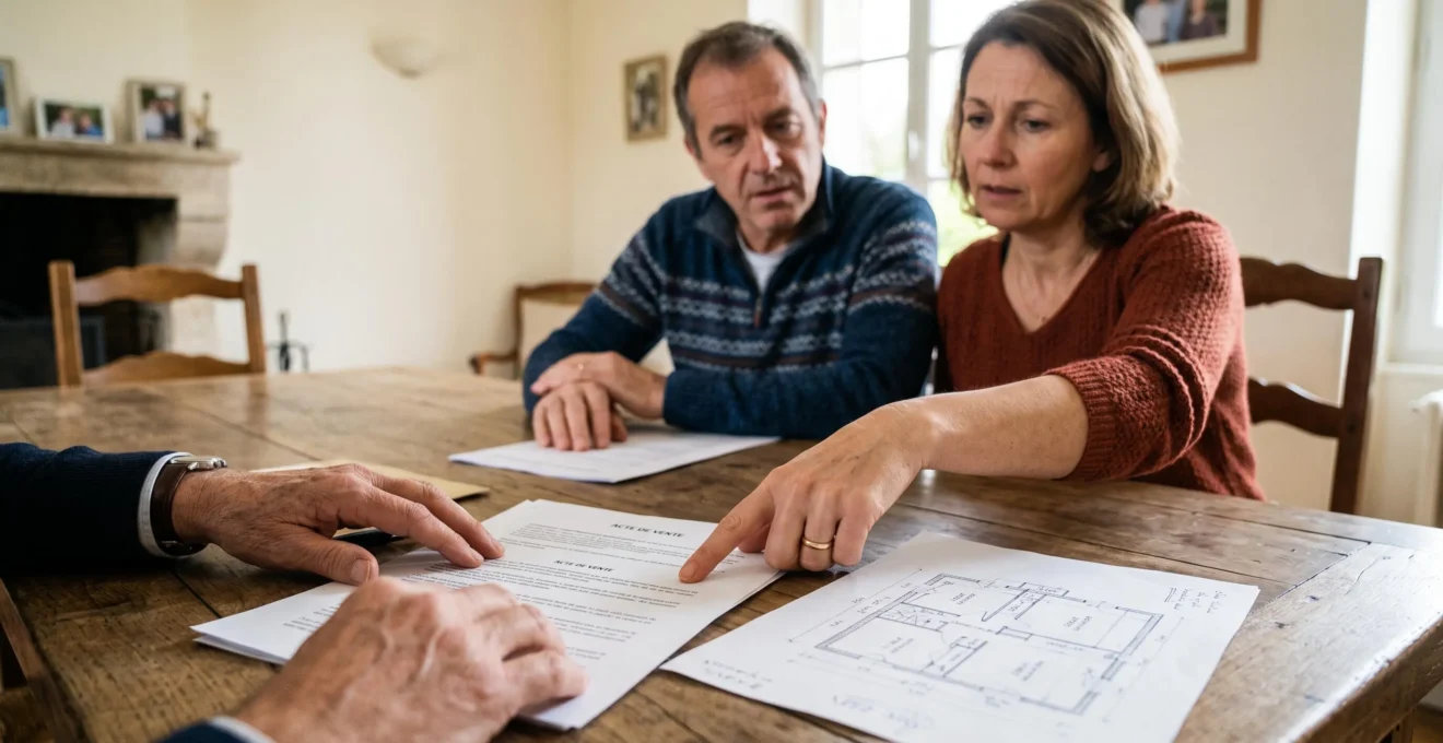 Mains d'un couple de propriétaires et d'un notaire pointant des actes et un plan de maison sur une table.